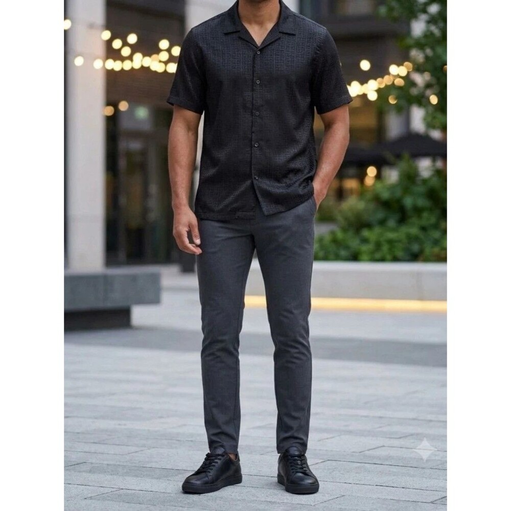 Casa Moda Couture Black L-Man Shirt Short Sleeve Geometric Design Regular.